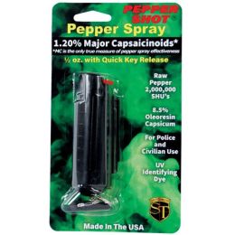 Pepper Shot 1.2% MC 1/2 oz pepper spray hard case belt clip and quick release keychain black