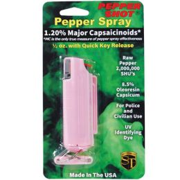 Pepper Shot 1.2% MC 1/2 oz pepper spray hard case belt clip and quick release keychain pink