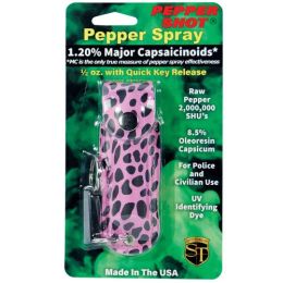 Pepper Shot 1.2% MC 1/2 oz pepper spray fashion leatherette holster and quick release keychain cheetah black/pink