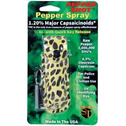 Pepper Shot 1.2% MC 1/2 oz pepper spray fashion leatherette holster and quick release keychain cheetah black/yellow