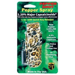 Pepper Shot 1.2% MC 1/2 oz fashion leatherette holster and Quick Release Key Chain leopard black/orange