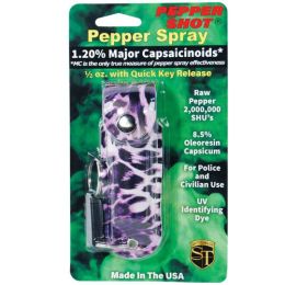 Pepper Shot 1.2% MC 1/2 oz pepper spray fashion leatherette holster and quick release keychain leopard black/purple