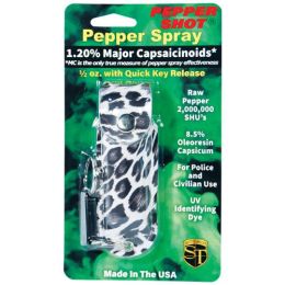 Pepper Shot 1.2% MC 1/2 oz pepper spray fashion leatherette holster and quick release keychain leopard black/white