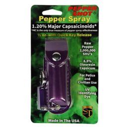 Pepper Shot 1.2% MC 1/2 oz pepper spray leatherette holster and quick release keychain Purple